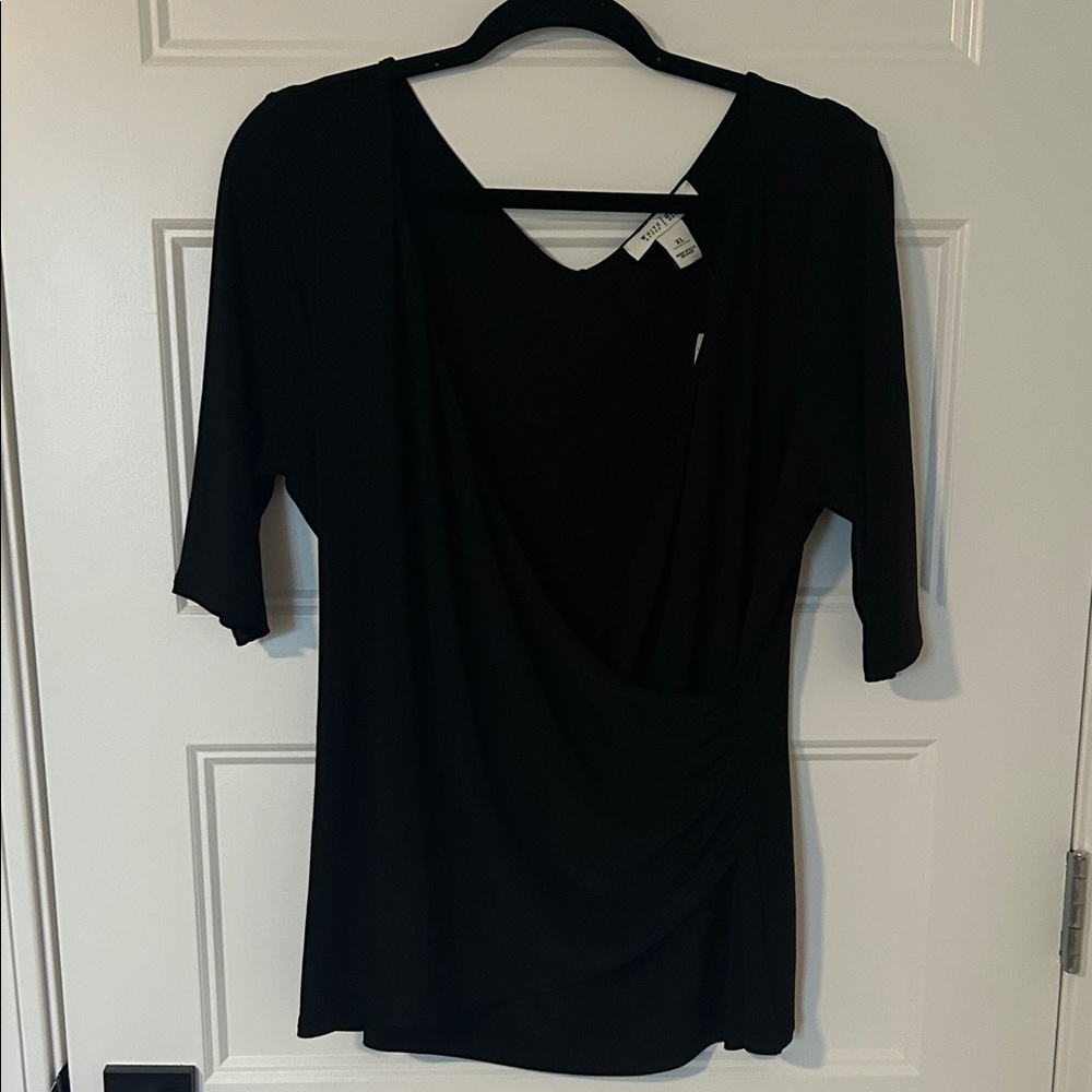 White House Black Market Black Draped Short Sleeve Blouse